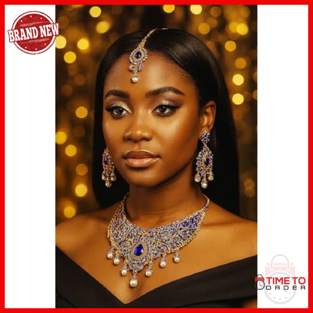 Gold Statement Necklace Set With Rhinestones & Pe… - image 4